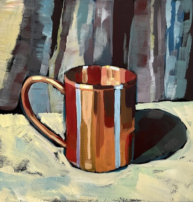 High school art project copper mug acrylic painting lesson plan. This project explores color theory and uses a complementary color scheme. Students learn to use the elements and principals of art to create a balanced design.