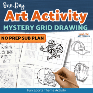 shows two sports-themed mystery scramble worksheets as an art activity for substitute teacher day
