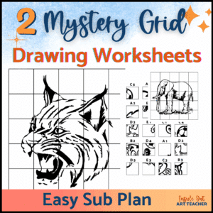 Two mystery grid drawing art worksheets for high school art sub plans