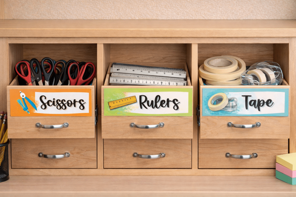Organized art classroom wooden drawers labeled Scissors, Rulers, and Tape with supplies stored neatly inside to support clear access zones and classroom management.