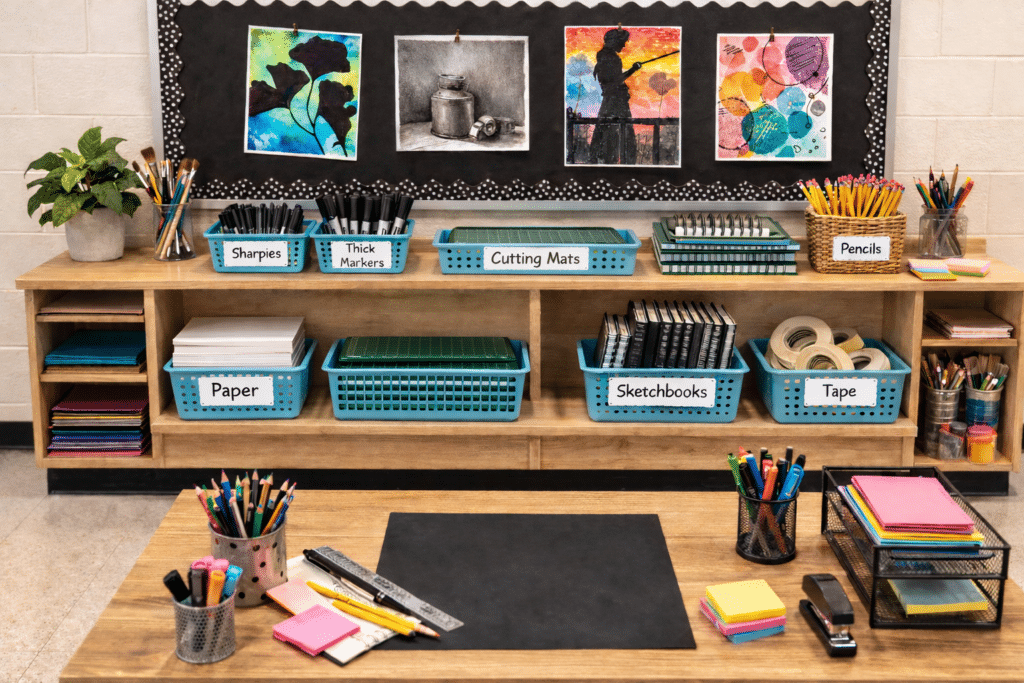 High school art classroom teacher desk with organized supply shelves behind it, labeled bins for Sharpies, thick markers, cutting mats, sketchbooks, tape, and pencils displayed in clear student and teacher access zones.