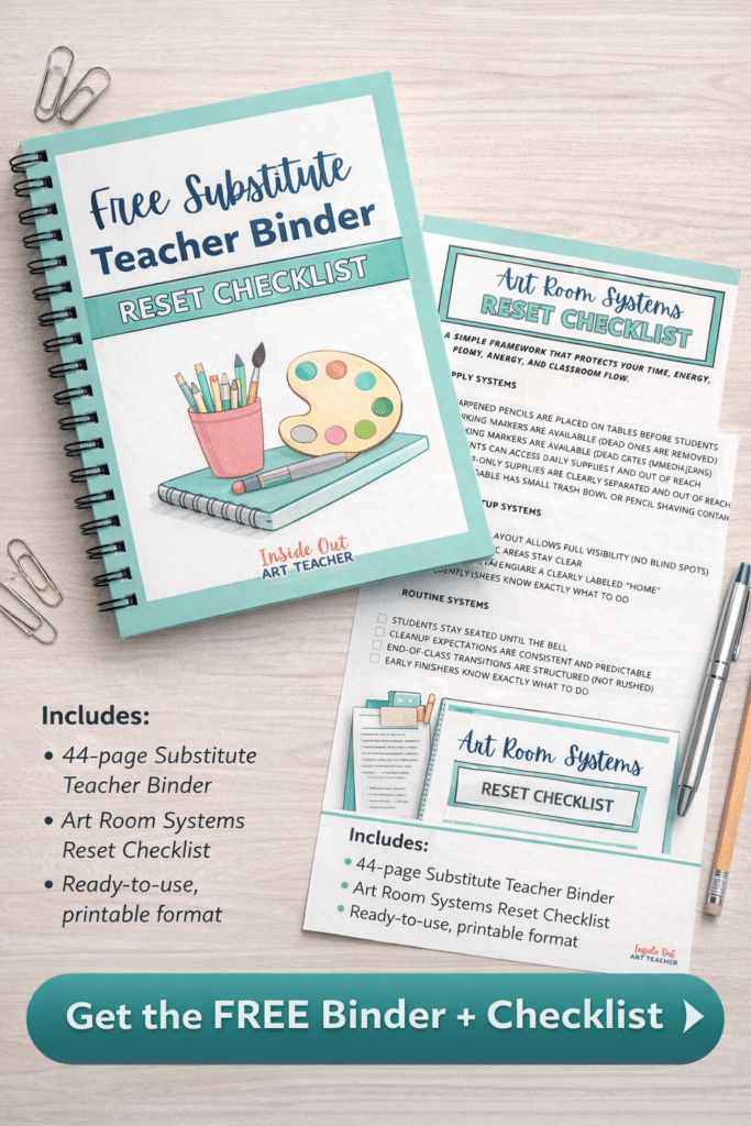 Mockup of the Free Substitute Teacher Binder and Art Room Systems Reset Checklist printable for art teachers, shown as a spiral-bound binder and checklist pages on a desk.