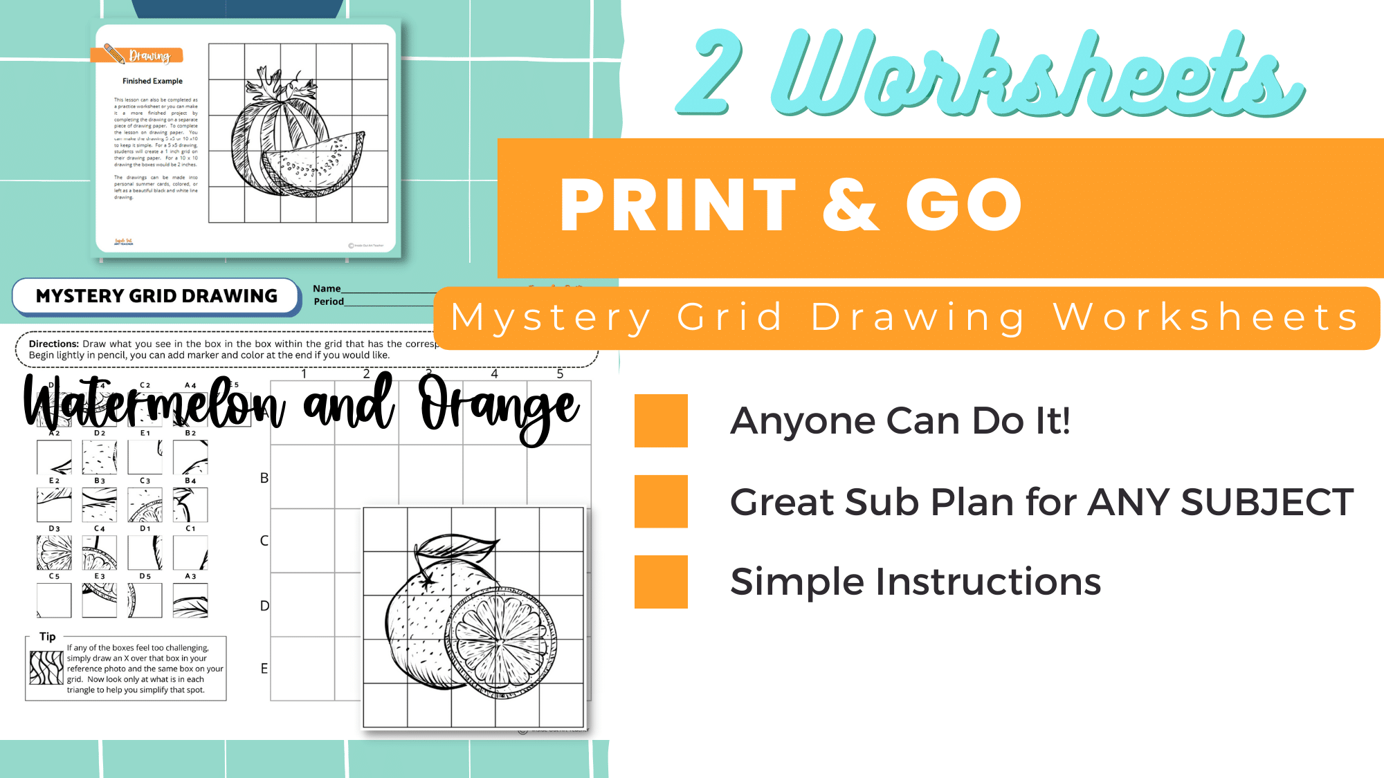 Printable math and art lesson idea grid drawing orange and watermelon