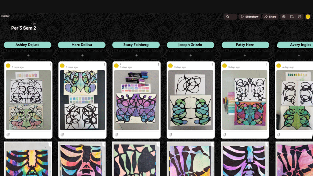 High school art classroom using Padlet to organize student artwork by name for streamlined grading and digital portfolio tracking.