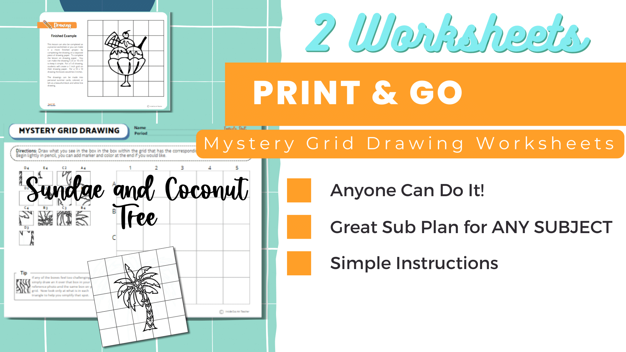 Summer Beach Mystery Grid Drawing Ice Cream Coconut Worksheet