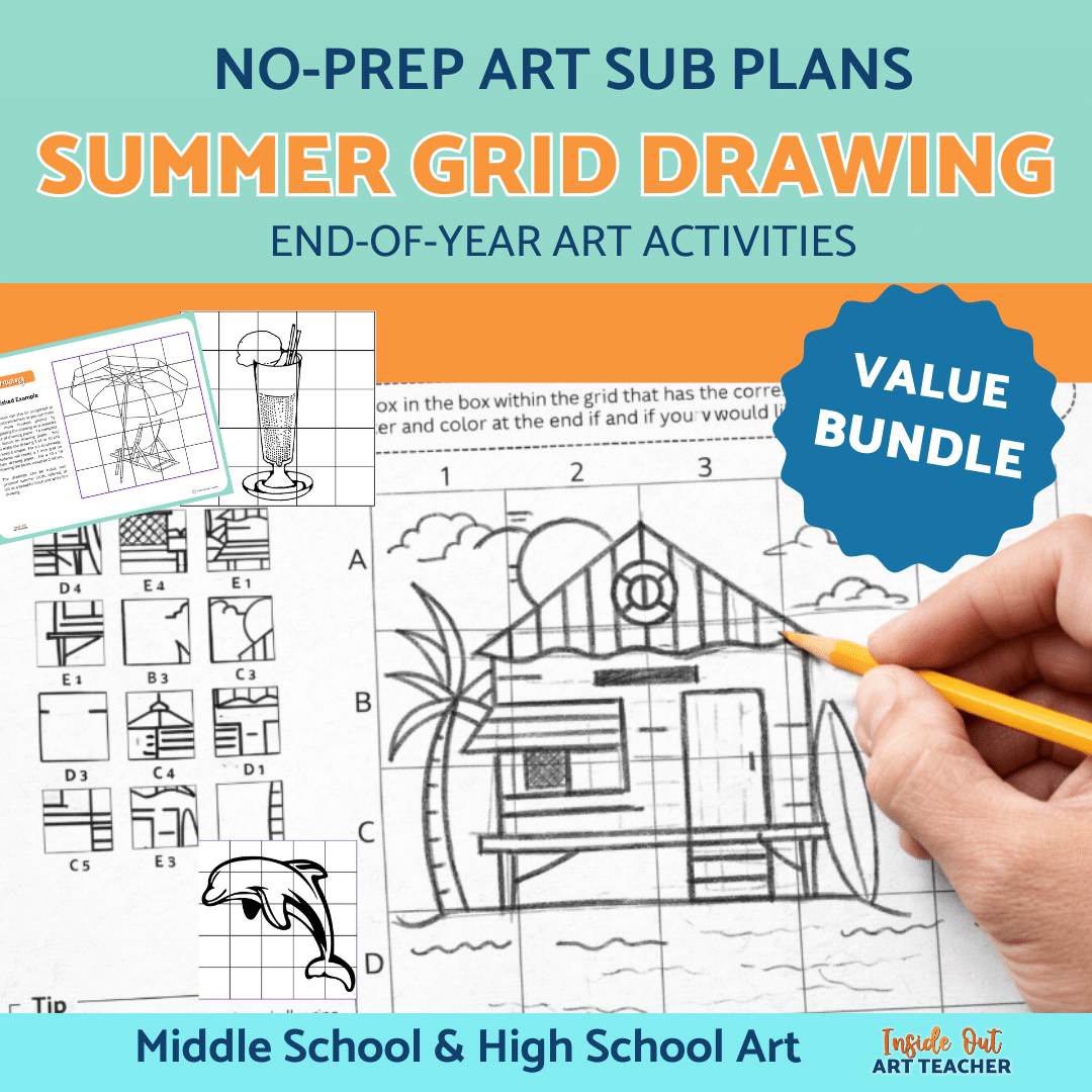 Summer grid drawing art activity bundle for middle school and high school art sub plans.