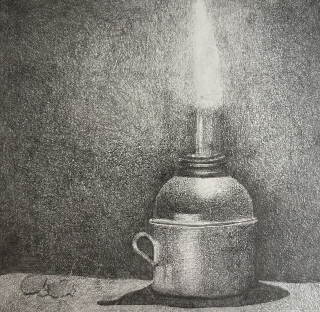 realistic pencil drawing of a candle example for high school art project with shading.