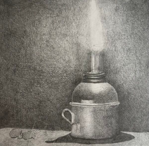 realistic pencil drawing of a candle example for high school art project with shading.