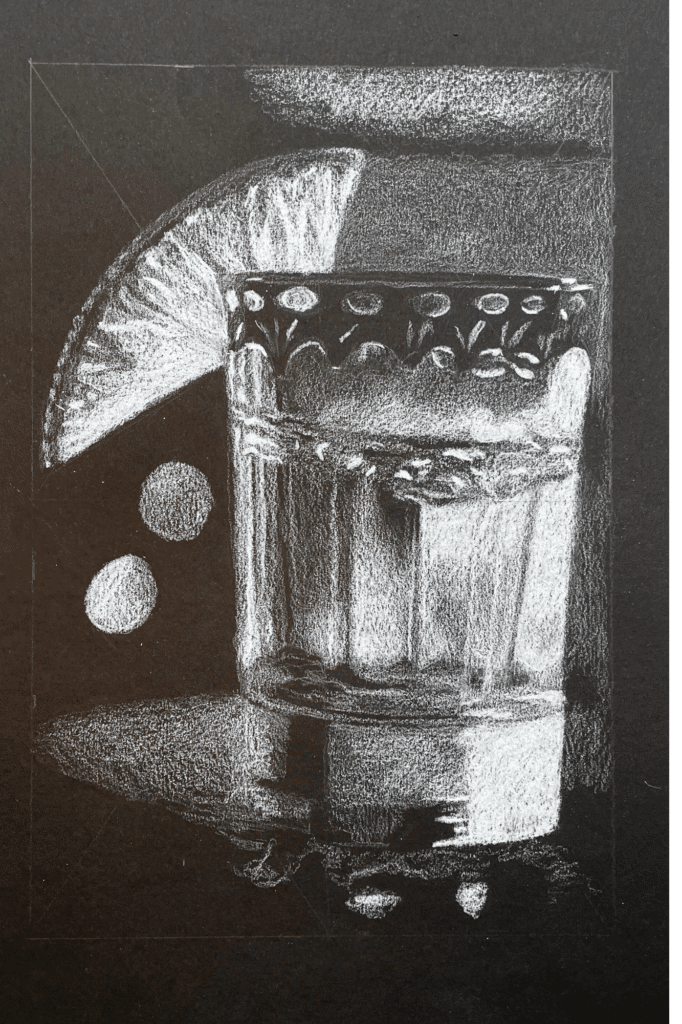 Drawing of a glass with white colored pencil on black paper still life drawing