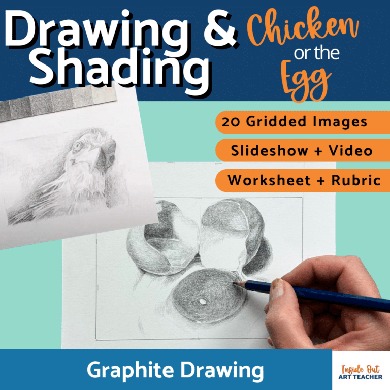 Step-by-step graphite drawing and shading lesson featuring chicken and egg subjects for middle and high school art