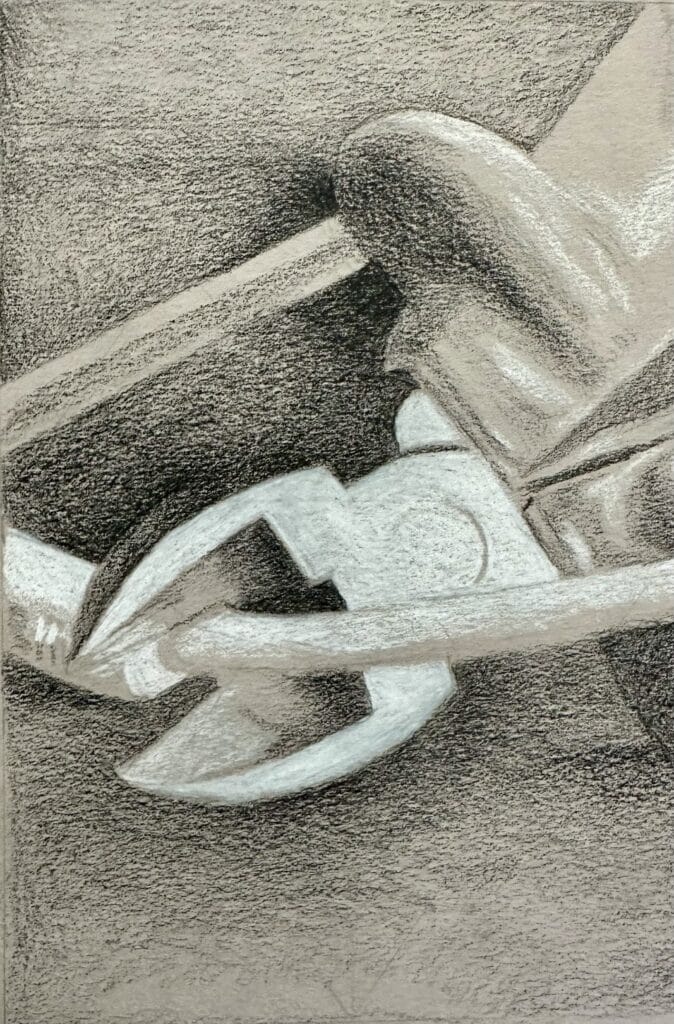 Drawing of a tool cropped to show good composition in art.  It is drawn with white and black colored pencil on gray paper and serves as inspiration for an advanced high school art project.