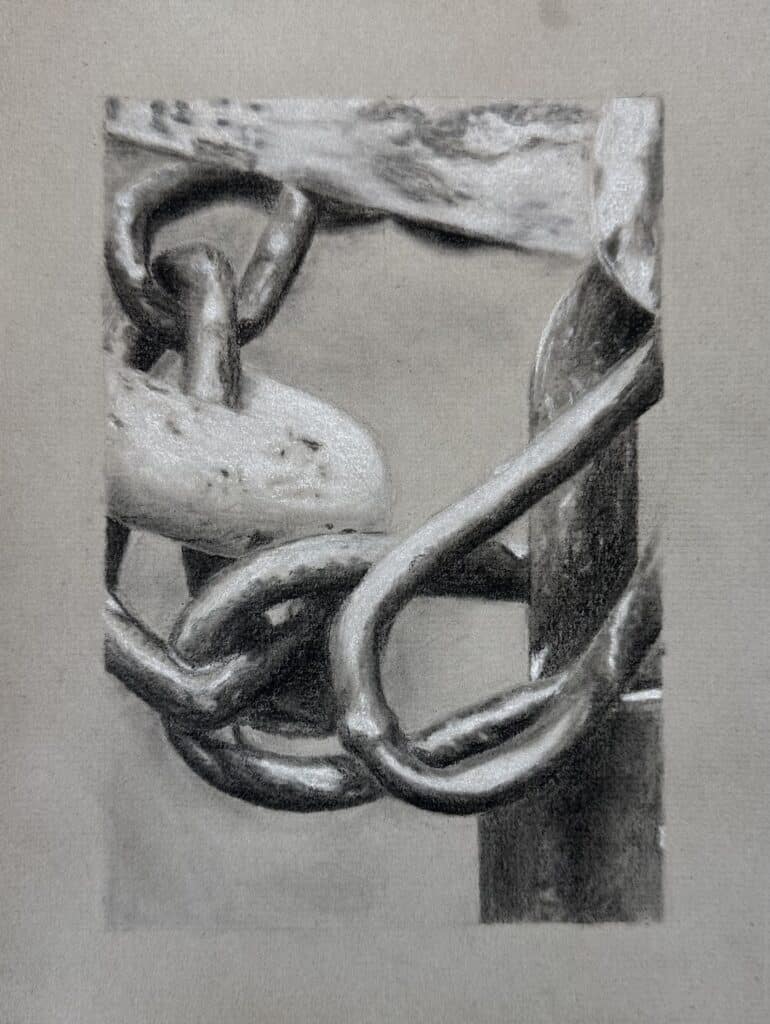 High contrast drawing example of a chain done in black and white charcoal on gray paper serving as an example for a high school art project.