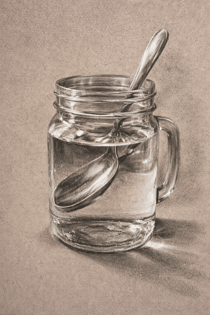 Drawing of glass mason jar with a spoon inside illustrating reflection for a high school art project idea on gray paper. 
