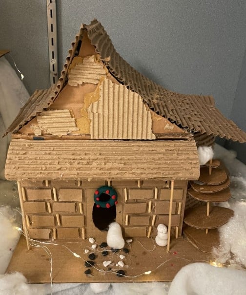Mixed media house built from cardboard 3d crafts project for high school