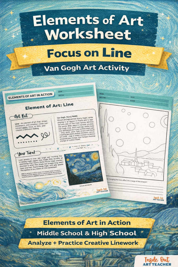 Printable elements of art line worksheet inspired by Van Gogh Starry Night for middle school art lessons and emergency sub plans
