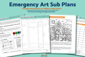 Printable art worksheets for emergency art sub plans with drawing and design activities for middle and high school classrooms