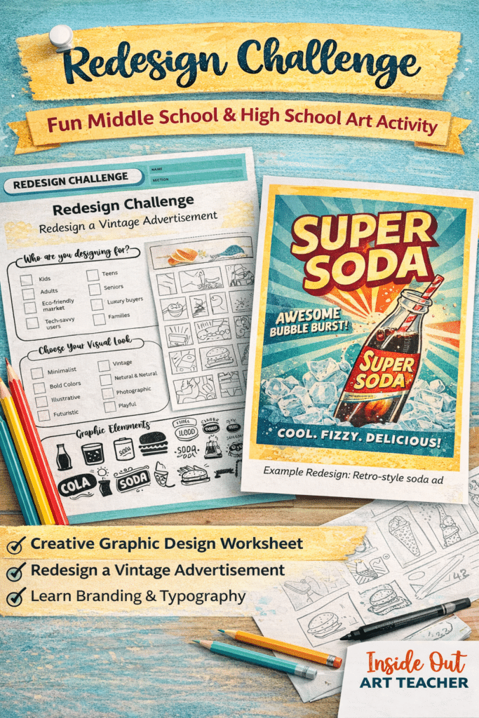 Redesign challenge art worksheet where students redesign a vintage advertisement using typography, graphics, and branding elements