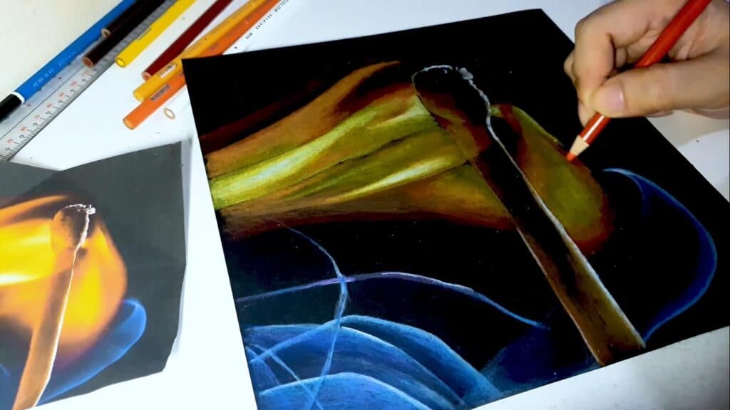 Easy Art Project Idea Colored Pencil Drawing on Black Paper Flames
