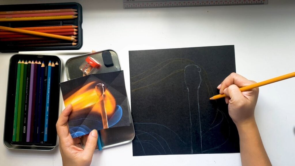 How to draw with colored pencils on black paper beginning the sketch of fire