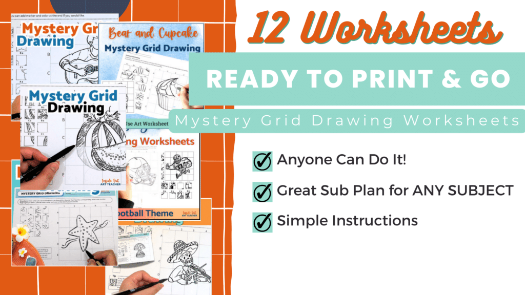 Mystery Scramble Grid Drawing One-Day Art Activity Sub Plan Worksheet Bundle