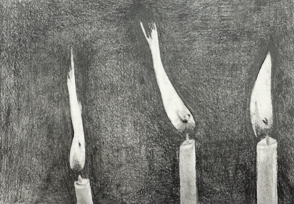 Student example of a high school art curriculum charcoal or graphite value drawing showing candles with strong contrast, highlights, shadows, and observational drawing skills.