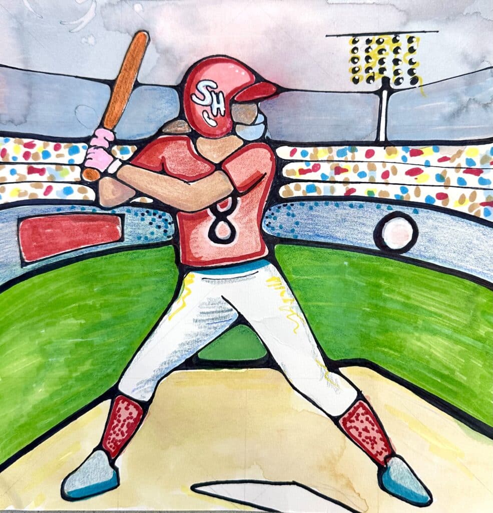 Student example of a high school art curriculum illustration project showing a baseball player in a stadium with bold outlines, color, pattern, and personal subject matter.