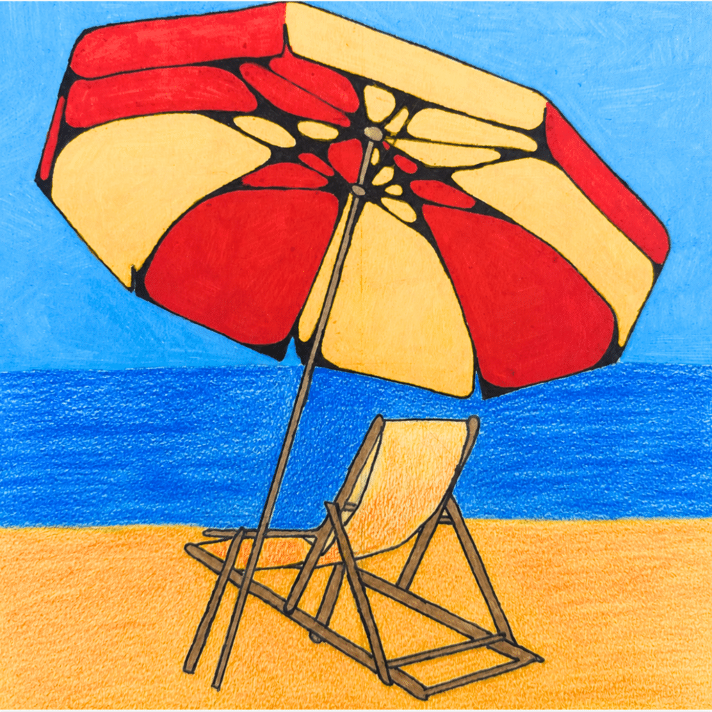 Student example of a high school art curriculum drawing project showing a beach chair and umbrella with perspective, bold outlines, and colored pencil shading.