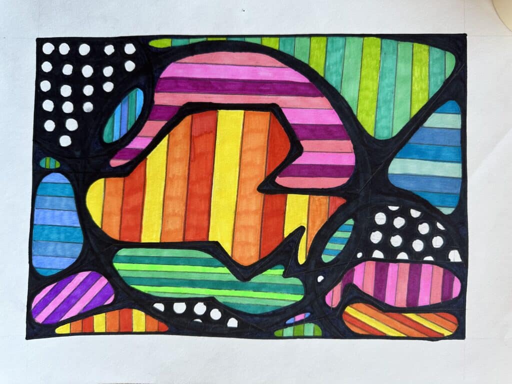 Student example of a high school art curriculum abstract line design project using bold black shapes, repeated patterns, and bright colored pencil sections.