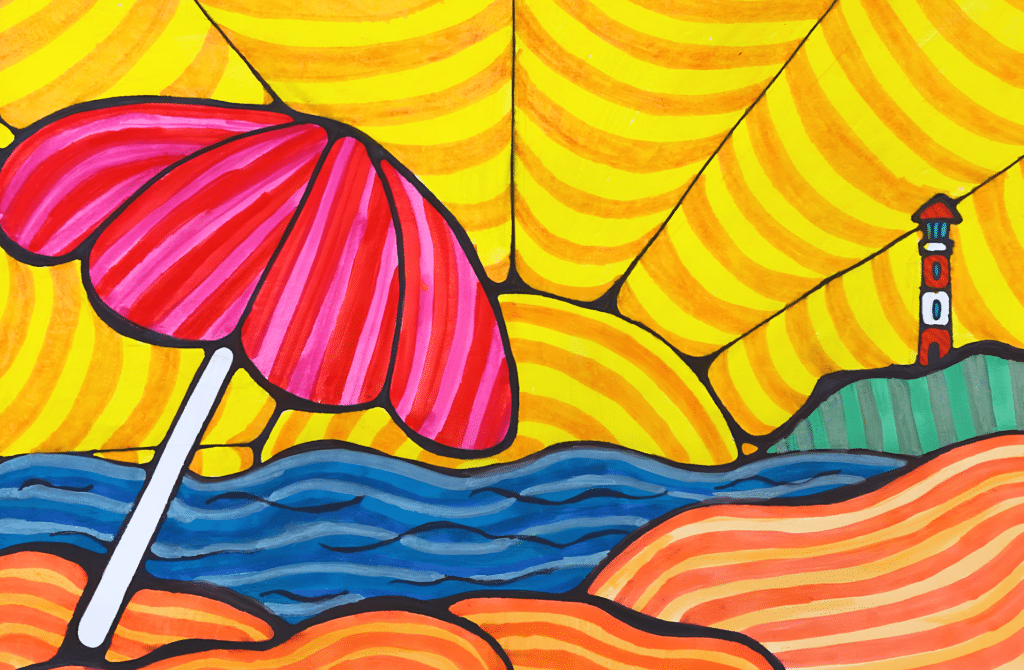 Student example of a high school art curriculum landscape design project showing a colorful beach scene with bold lines, pattern, movement, and warm and cool colors.