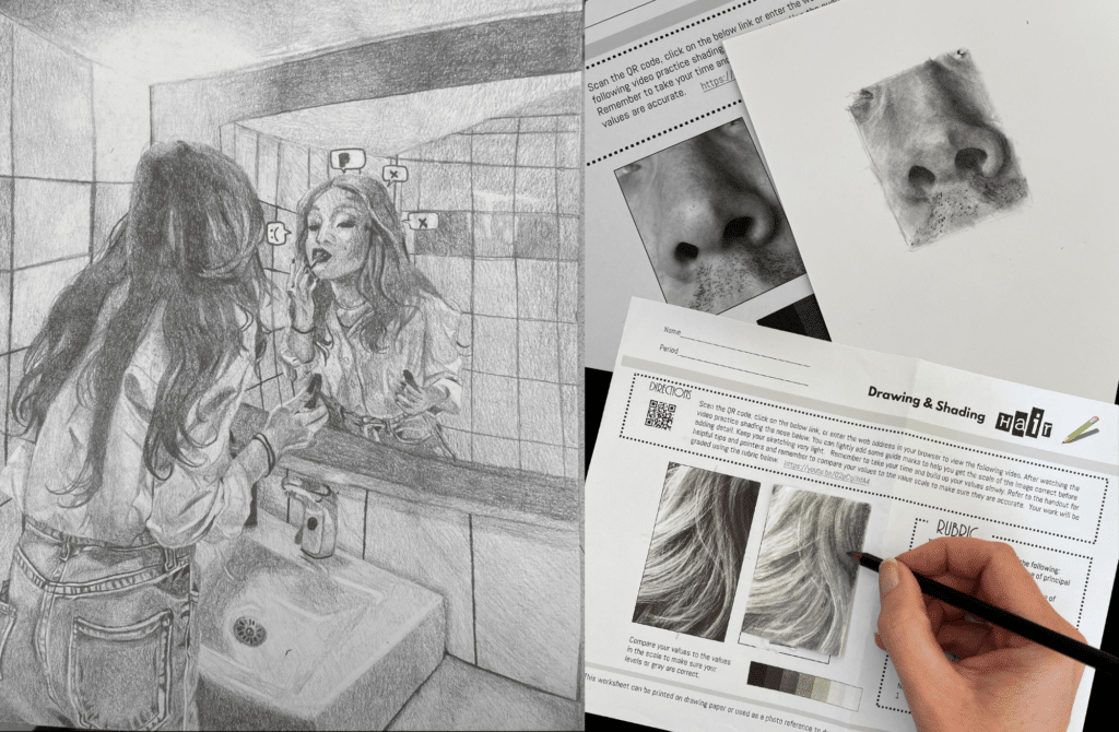 High school art curriculum student example showing realistic graphite drawing, portrait shading, facial feature practice, value, texture, and observational drawing skills.