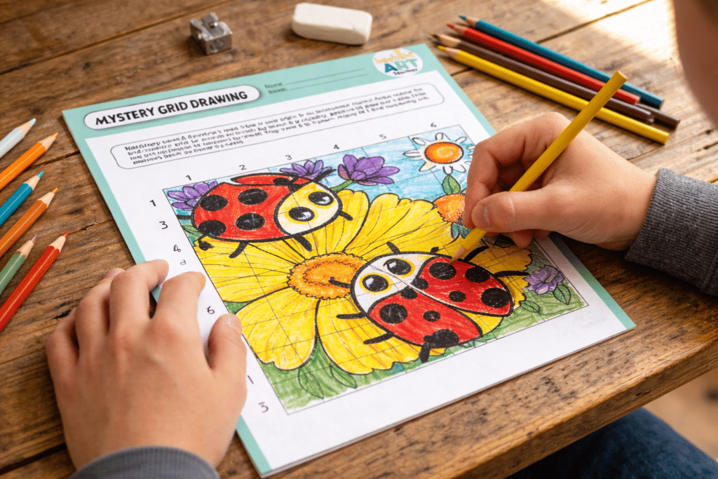 Student completing a mystery grid drawing spring art activity.