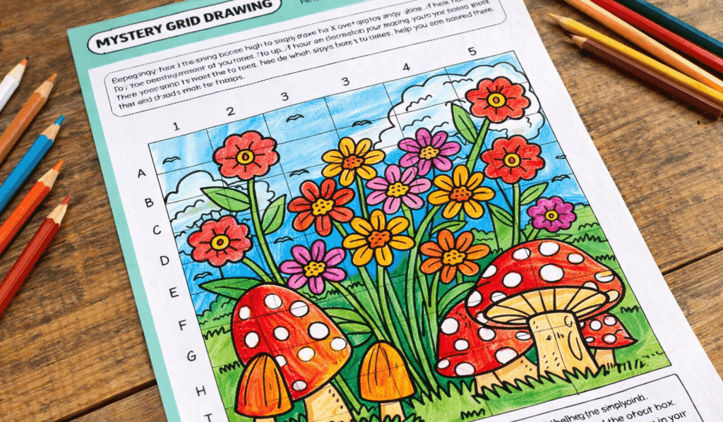 Mystery grid drawing printable spring art activity featuring flowers and bright colors as an example for a sub plan for middle school