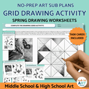 Spring grid drawing activity worksheets and task cards for middle school and high school art sub plans.