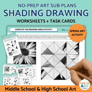 Spring shading drawing worksheets and task cards for middle school and high school art sub plans.