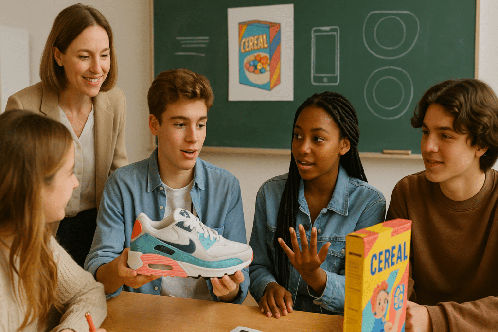 teacher teaching visual culture and design history to her middle school art class