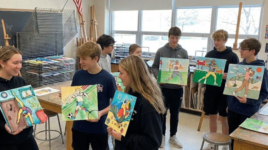 High schoolers showing off their easy line drawing using grid method project