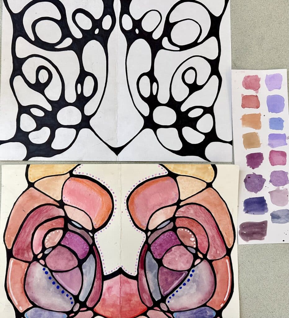 Before and after neurographic art project showing bold black rounded line drawing transformed with layered watercolor, alongside a color swatch practice sheet.