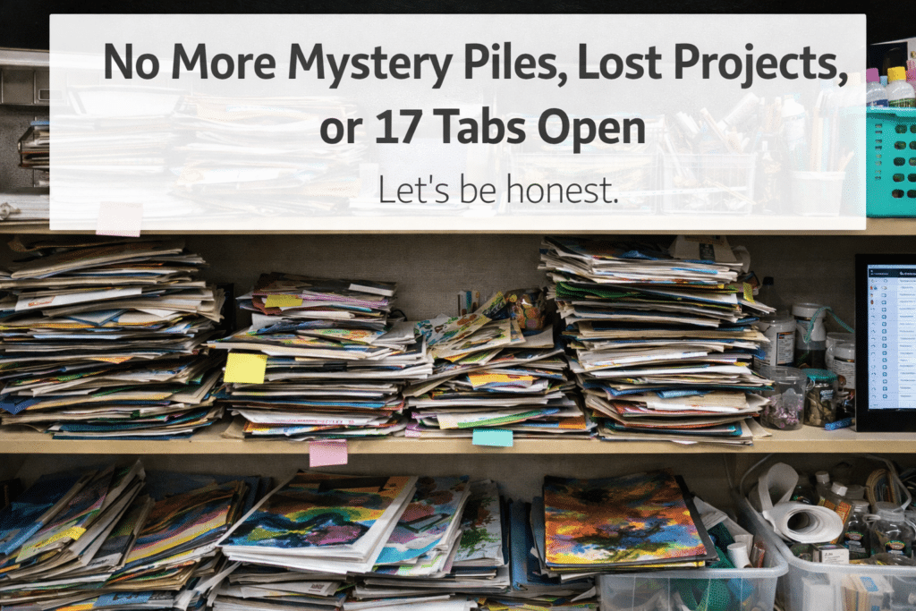 Cluttered art classroom shelf with large stacks of student artwork and supplies illustrating lost projects and grading chaos