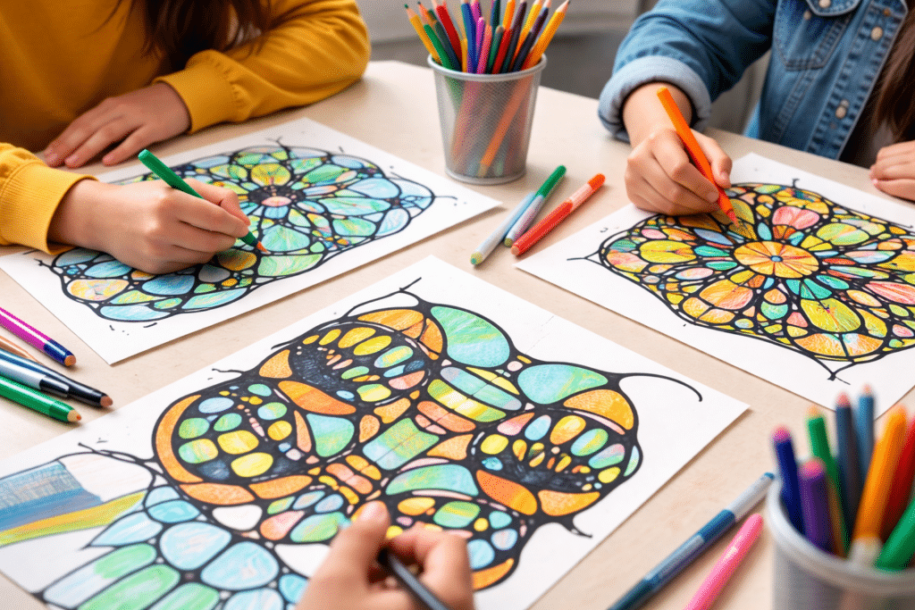 students working on colorful neurographic art drawings during a middle school art lesson