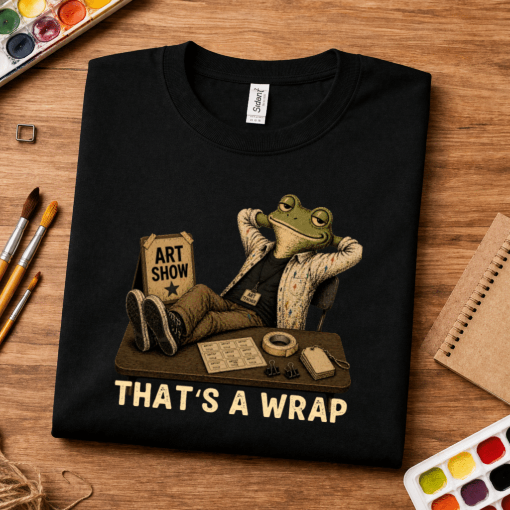 Folded black funny frog art teacher shirt with That’s A Wrap design on a desk with art supplies.