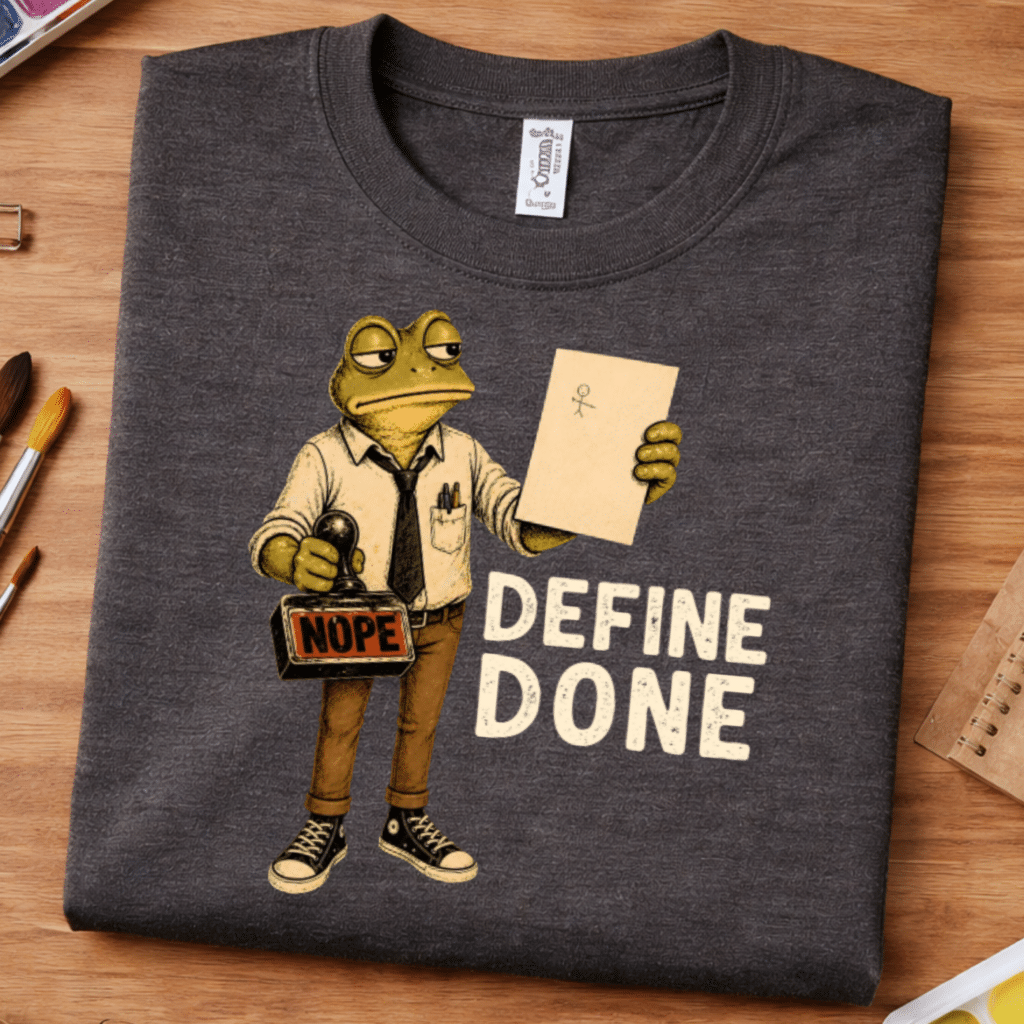 Folded charcoal funny frog art teacher shirt with Define Done design on a desk with art supplies.