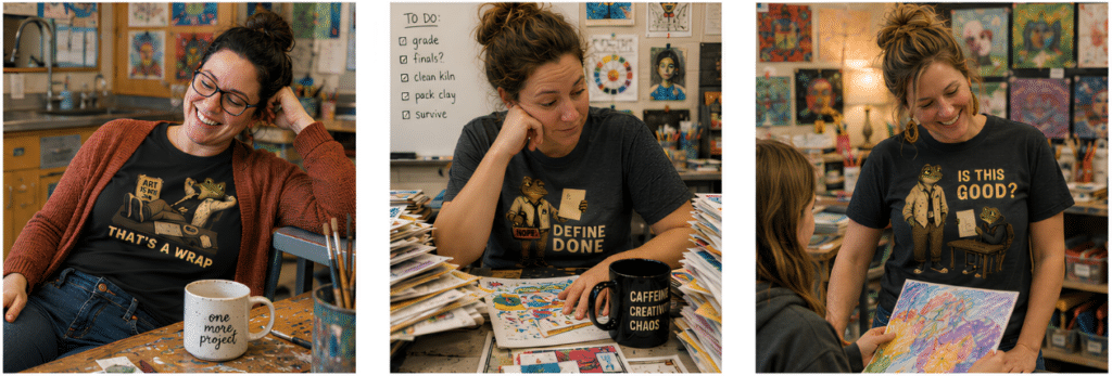 Three lifestyle mockups of art teachers wearing Vincent the Frog art teacher shirts in an art classroom, including That’s A Wrap, Define Done, and Is This Good designs.