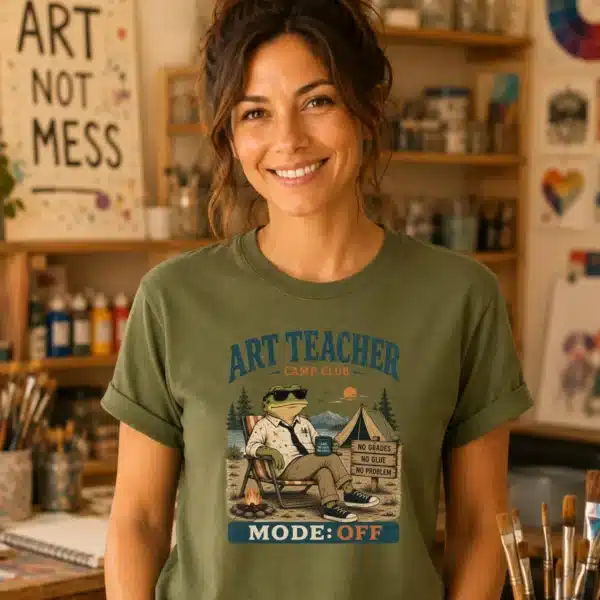 Teacher Camping Shirt – Art Teacher Camp Club Mode Off Funny Frog Tee - Image 2