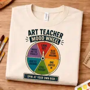 Color wheel shirt with funny art teacher humor. Perfect for artists, art educators, and colorful classrooms.