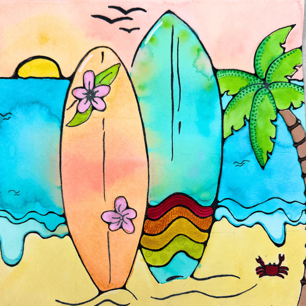 Finished student-style surfboard beach art project with watercolor, marker outlines, palm tree, ocean, and sunset.