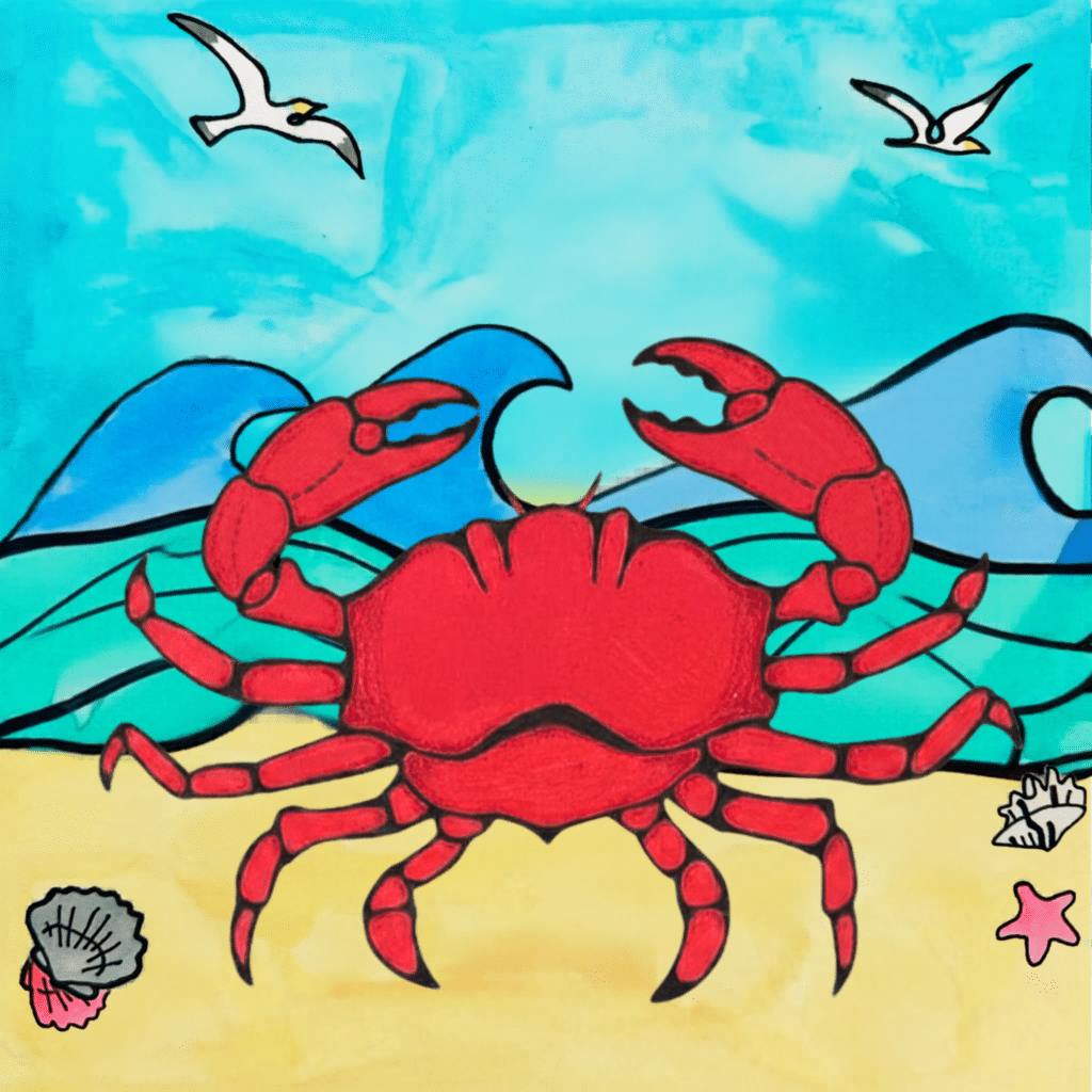 Finished student-style crab beach drawing used as an end-of-year art project with watercolor, marker, and added summer details.
