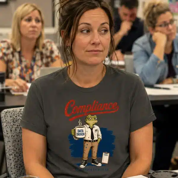 Teacher Meeting Tee – Compliance Data Driven Exhaustion Frog Shirt - Image 2