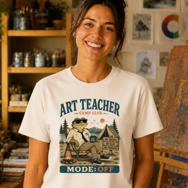 Teacher Camping Shirt – Art Teacher Camp Club Mode Off Funny Frog Tee - Image 3