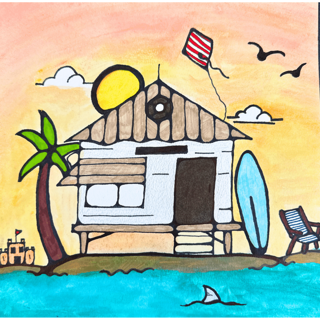 Student-style summer beach house drawing with watercolor background, marker outlines, and creative beach details.
