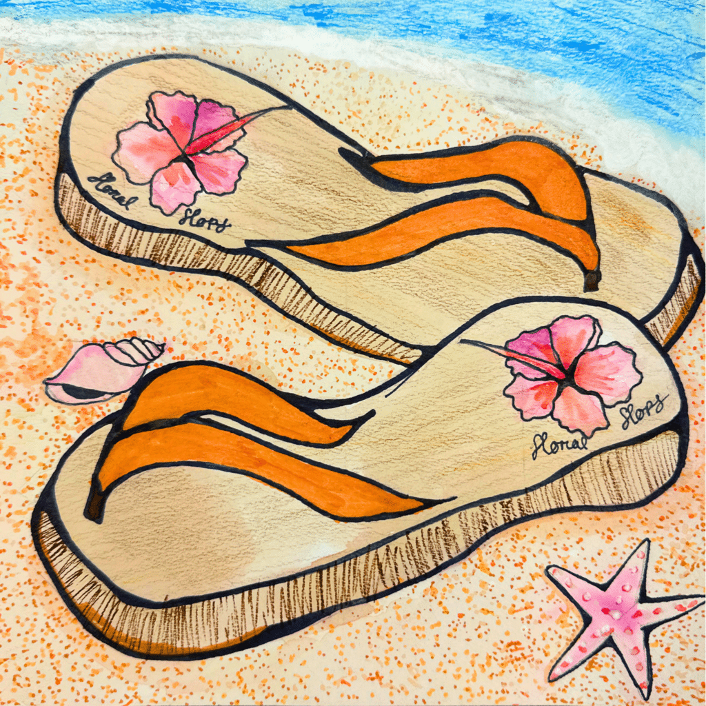 Student-style flip-flop summer art project with decorative flowers, pattern details, sand texture, and bright color.